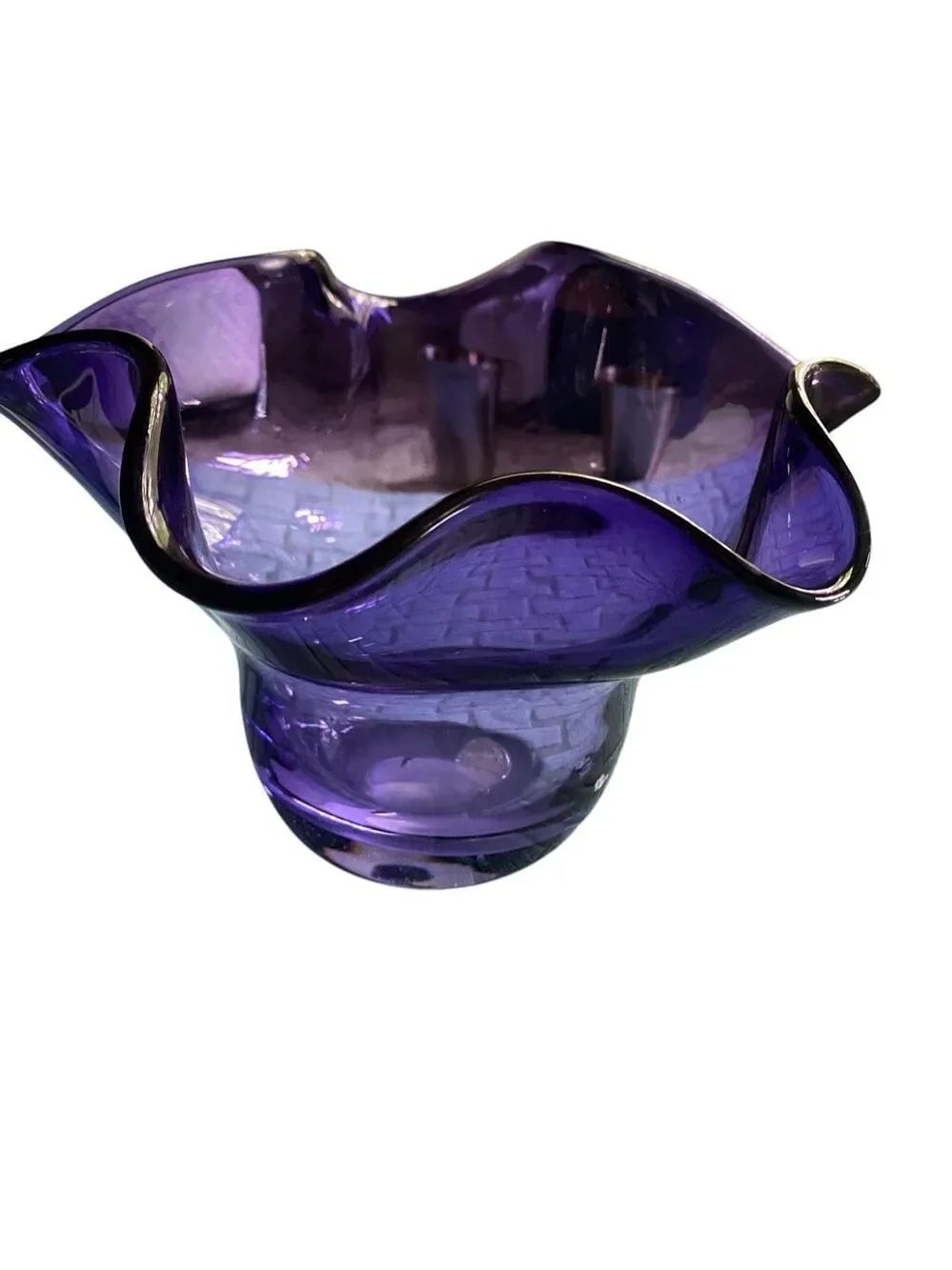 Purple Art Glass Ruffled Bowl Hand Blown Wavy Decorative Candy Dish 6” Vintage